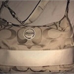COACH Light Khaki Sig w/White Stripe Hobo # 17434